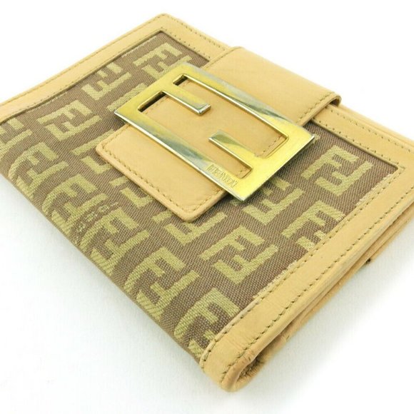 Authentic FENDI W Hook Wallet Zucchino Beige Pink Canvas ~ Leather Auth USED - Picture 4 of 10